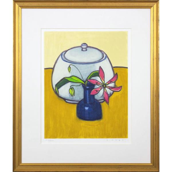 笠井誠一 「 白いつぼとグロリオサ 」 リトグラフ 版画 絵画 花 縦