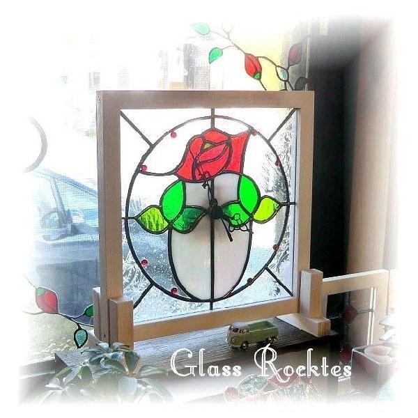 アンティーク ステンドグラス 時計 薔薇 置き、壁掛け兼用 : ステンド