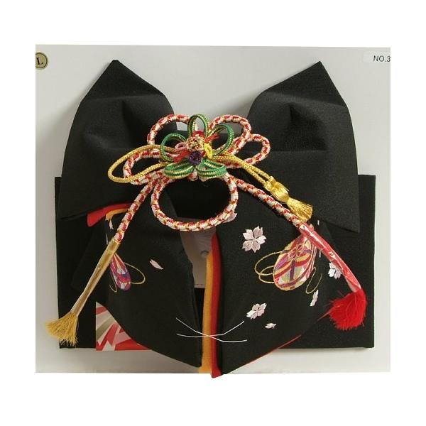 京美 七五三着物用祝い帯 7歳用 黒無地 まり刺繍柄 ちりめん生地 重ね