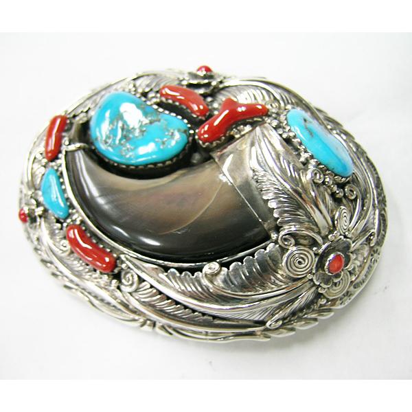 超特大の熊爪 ターコイズ インディアンジュエリー バックル F