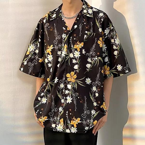 柄シャツ 花柄 フラワー ボタニカル 植物柄 ブラック 黒 アロハ