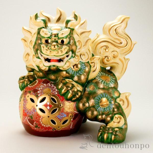 九谷焼 立獅子 緑彩 12号 ( 木札名入れ有料 退職祝い 定年 置物 幸運