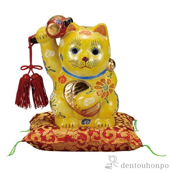 九谷焼 小槌上げ小判招き猫 黄盛 6号 布団付 ( 木札名入れ有料 退職