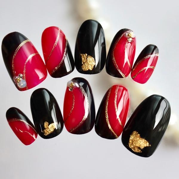 ジェルネイルチップ 付け爪 ショート ロング 和風 成人式 ボルドー金箔