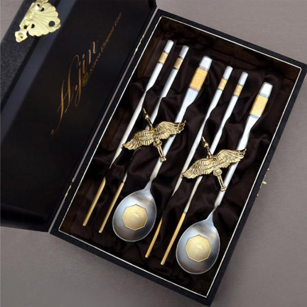 H.JIN 鶴 夫婦 金 ゴールド箸スプーンペアセット カトラリーセット