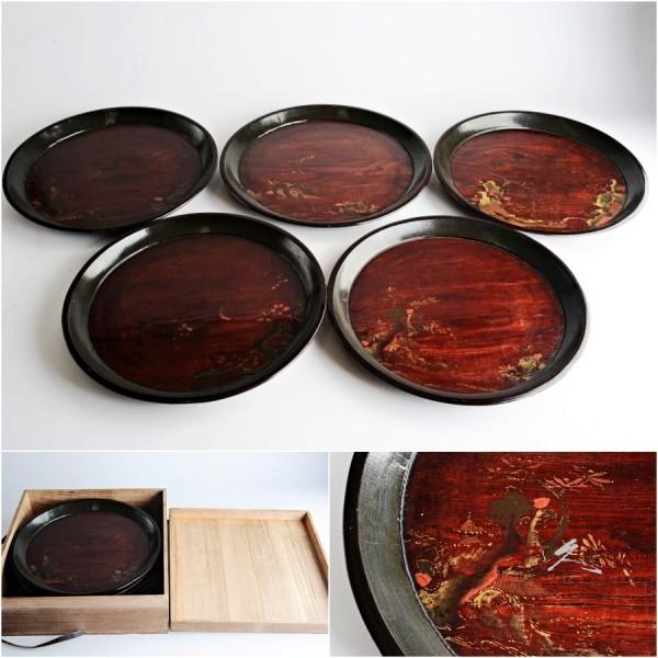 浄法寺塗 漆絵盆 絵変わり 5客セット 古民芸 丸盆 膳 茶道具 懐石