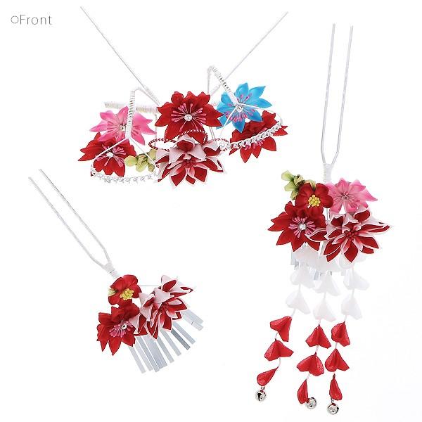 Prices down2）七五三 髪飾り 7歳 勝山セット「赤色 つまみのお花