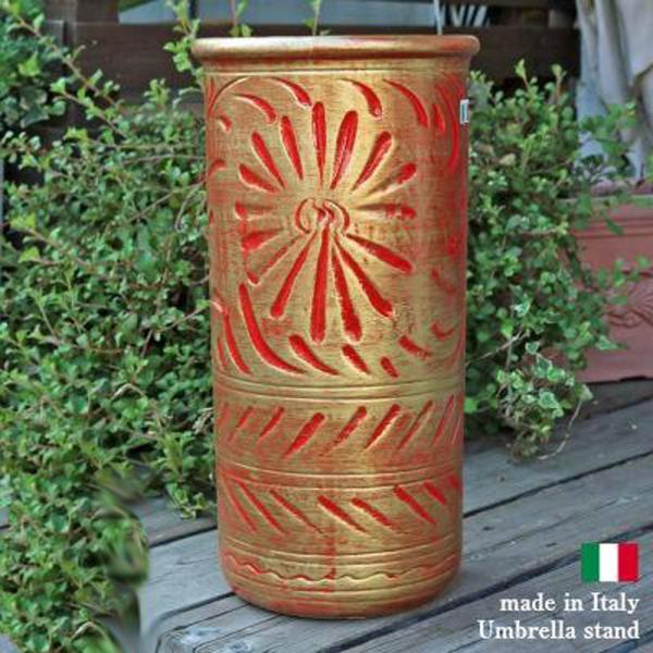 陶器 かさ立て イタリア製 アンブレラスタンド レッド×ゴールド