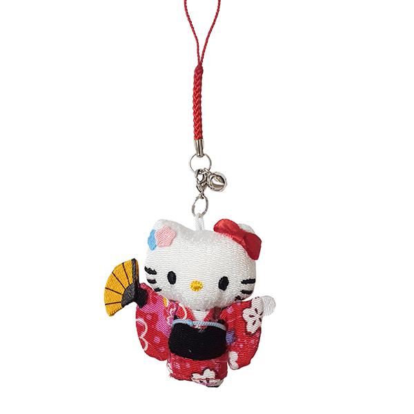 ハローキティ はろうきてぃ日本人形 ちりめん根付け レッド（扇子