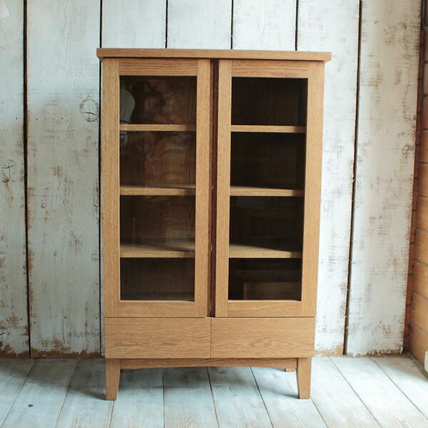 キャビネット ガラス扉 タモ材 幅80cm 北欧 木製 開き戸 無垢材