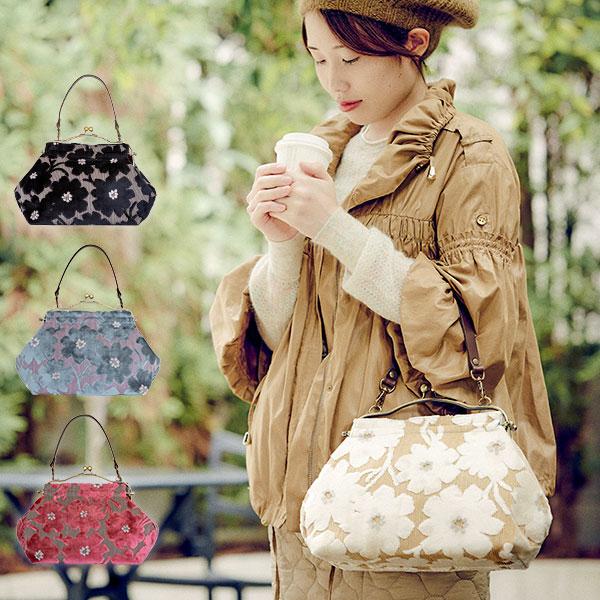 亥之吉 横長ベンリーがま口 モケットマーガレット 牛革持ち手付き 花柄