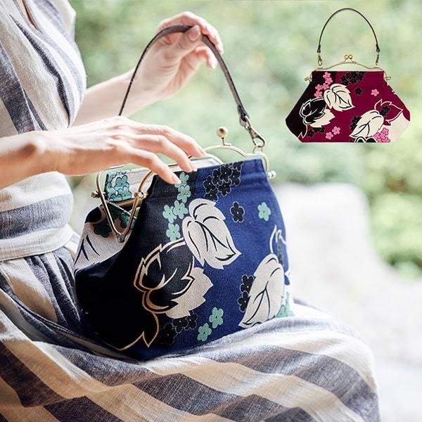 亥之吉 横長ベンリーがま口 つたかずら 蔦葛 紺 紅紫 牛革持ち手付き