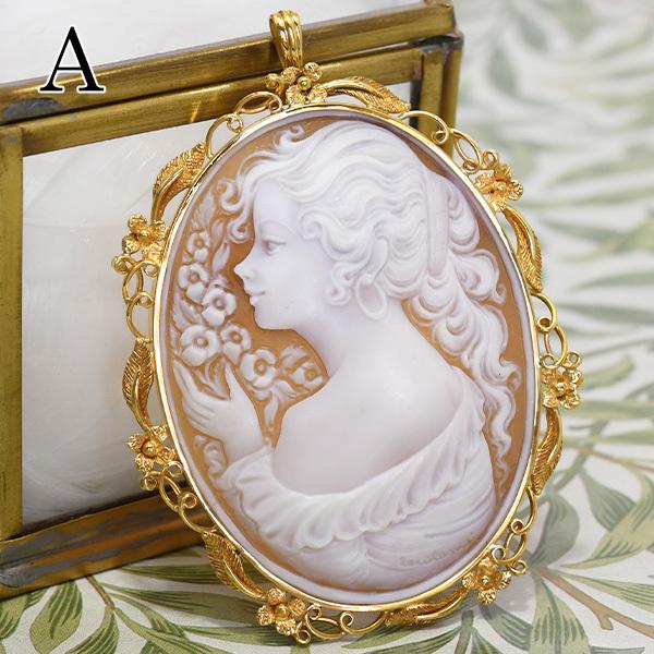 シェル カメオ ブローチペンダント K18YG 緻密な彫刻が美しい