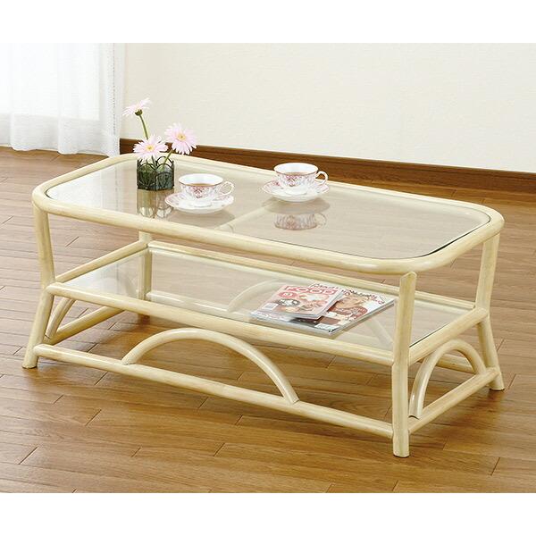 ラタンテーブル 籐家具 ガラス天板 棚付 幅100cm : リビングート