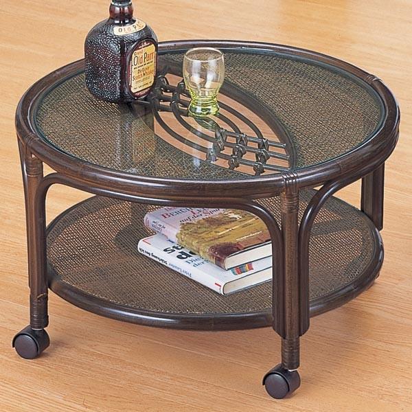 ラタンテーブル 円形 ガラス天板 キャスター付 籐家具 直径60cm