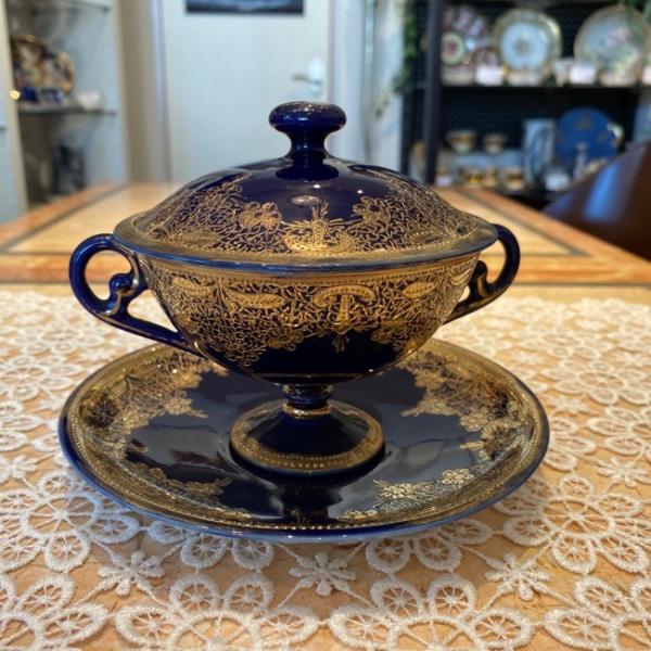 ノリタケ オールドノリタケ 金盛藍線帯華装飾紋蓋付 キャビネッカップ