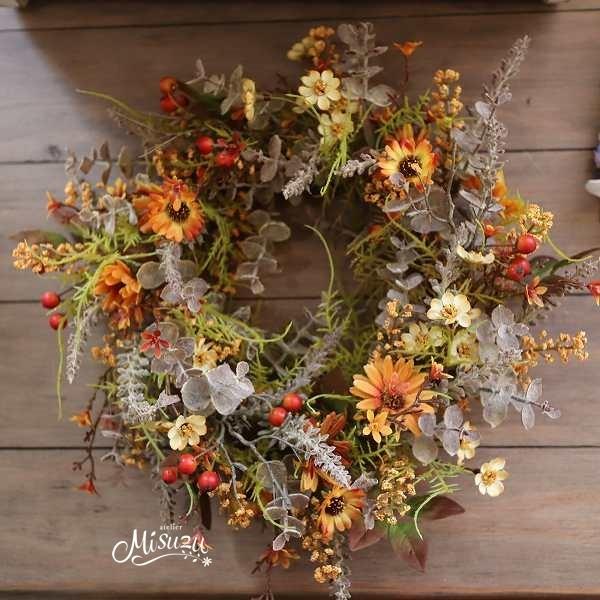 misuzu073or アンティーク ドライフラワー風 玄関リース ガーデン