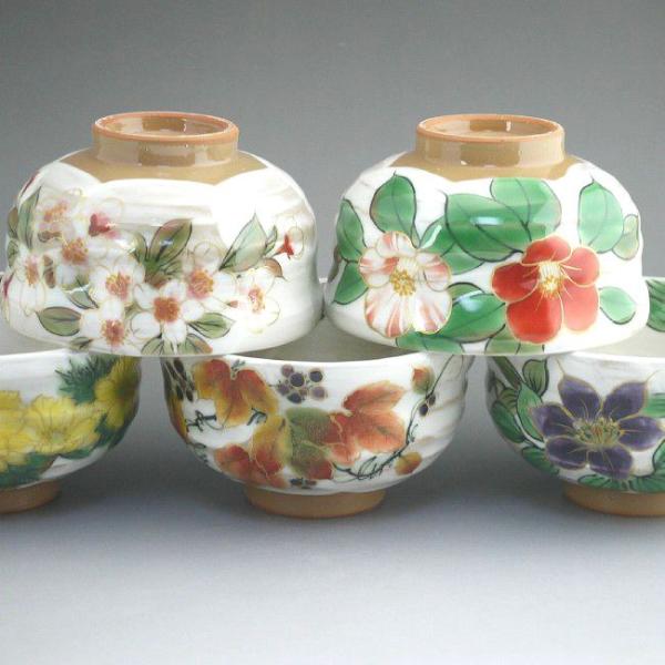 京焼 清水焼 白掛彩草花お茶呑茶碗揃え 陶あん : 松韻堂 Yahoo!店