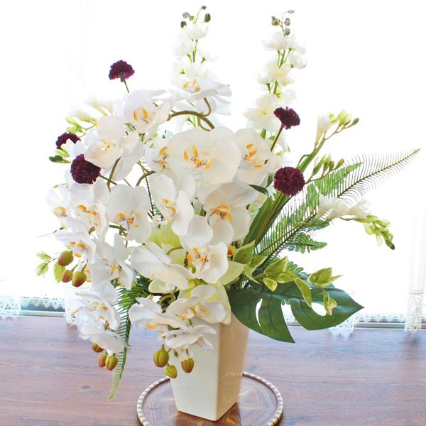 仏花 胡蝶蘭とユリのミントグリーンのアレンジ 造花 お彼岸 お盆 お