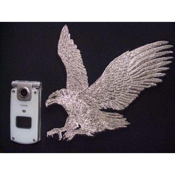 大きな鷹ワッペン&文字セット「黒×銀」シルバーアイロン接着イーグル