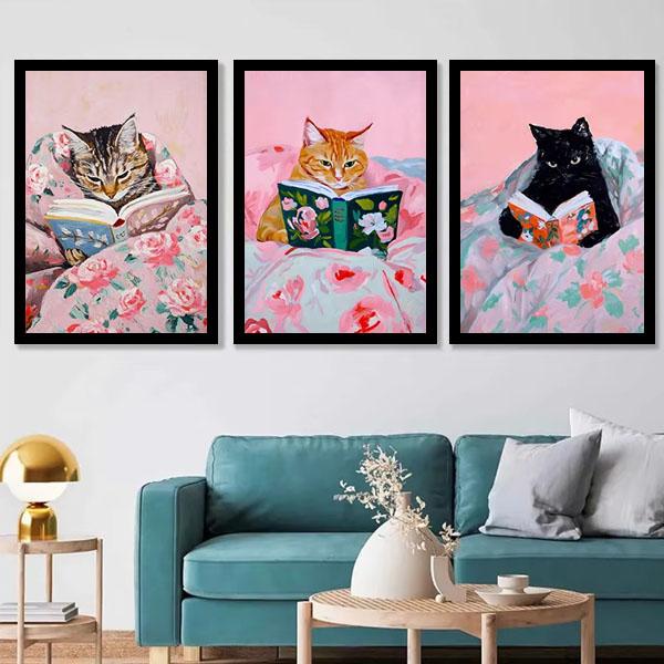 単品 額入り アートポスター 33×43cm 枠付きフレーム絵画 本を読む猫