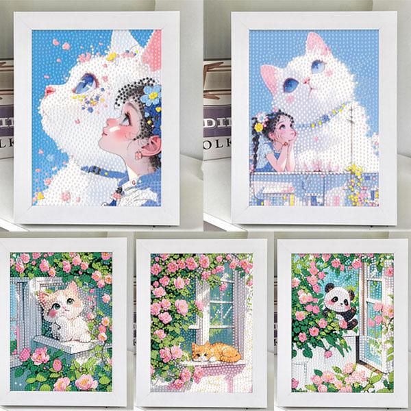 木製フレーム付き ダイヤモンドアート 刺繍キット 白猫 女の子 アニメ