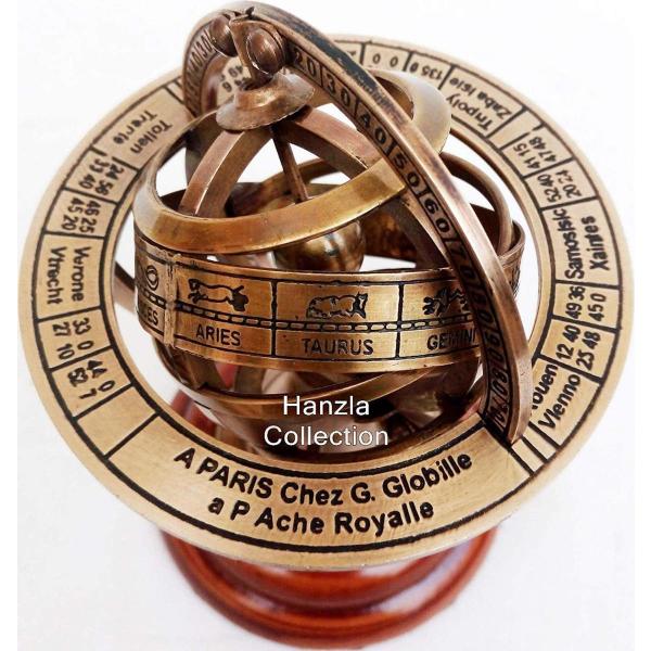 アンティーク風真鍮製球体アストロラーベ アーミラリ天球儀木製ベース