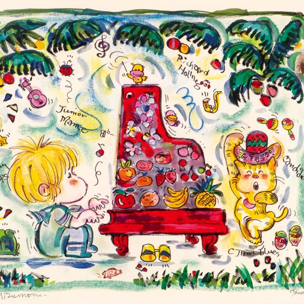 水森亜土 版画 「 C Jam Blues 」 額寸64.3×73.4cm イラスト 直筆