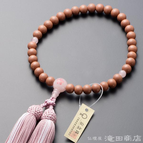 仏壇屋 滝田商店 数珠 女性用 紅桜 ローズクォーツ桜彫り 8mm玉 念珠袋