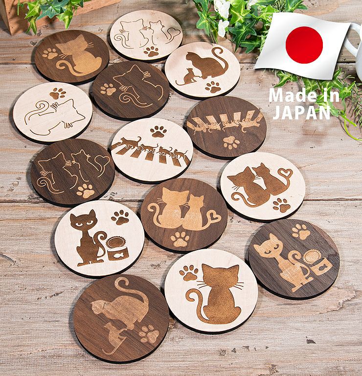 7種から選べるデザイン 木製コースター 4枚セット 猫 ネコ 9cm×9cm