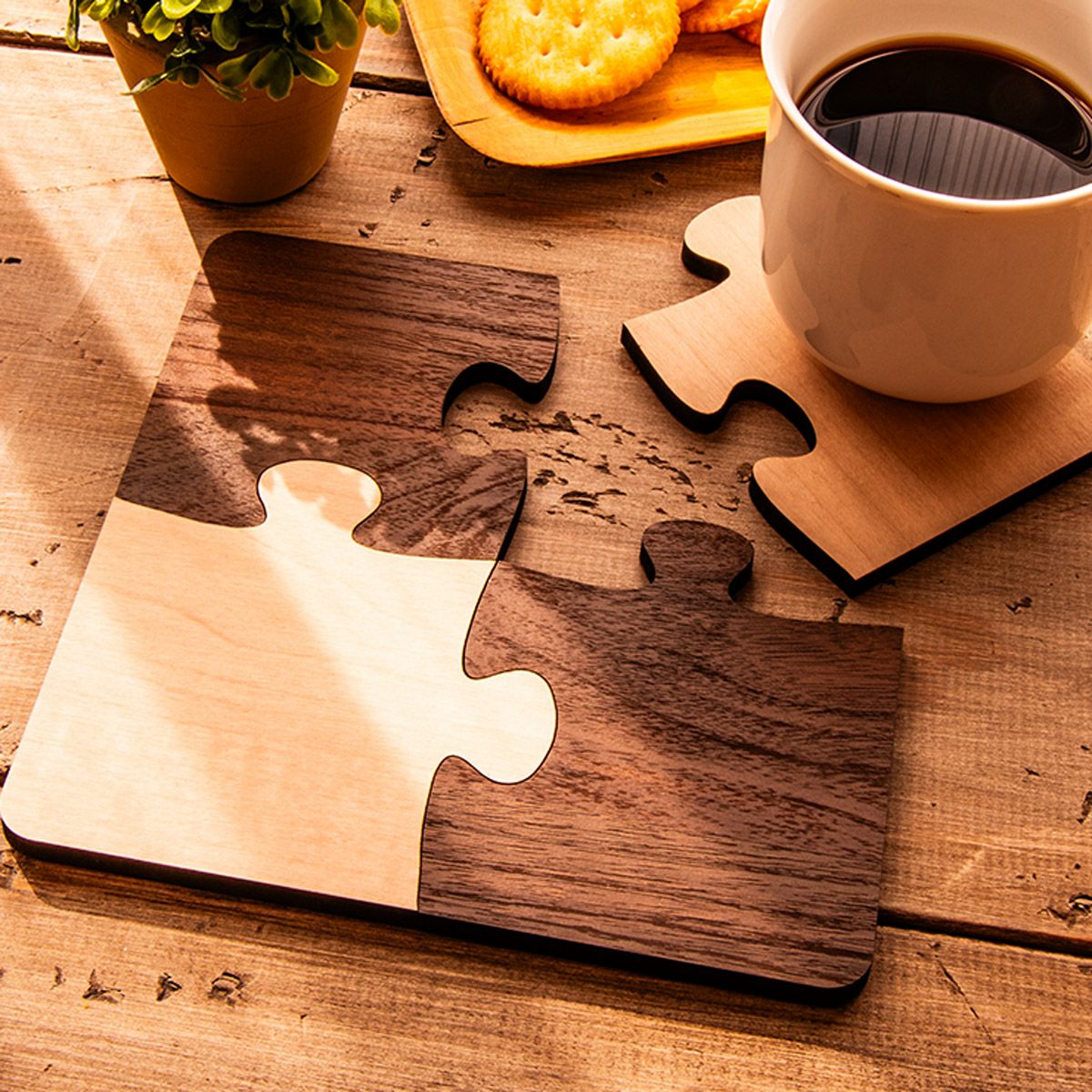 コースター 4枚セット 木製 可愛らしいジグソーパズル コースター013