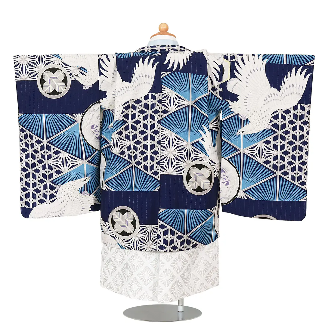 JAPAN STYLE》鷹に組子模様（青）、白の袴／七五三・三歳男の子・袴