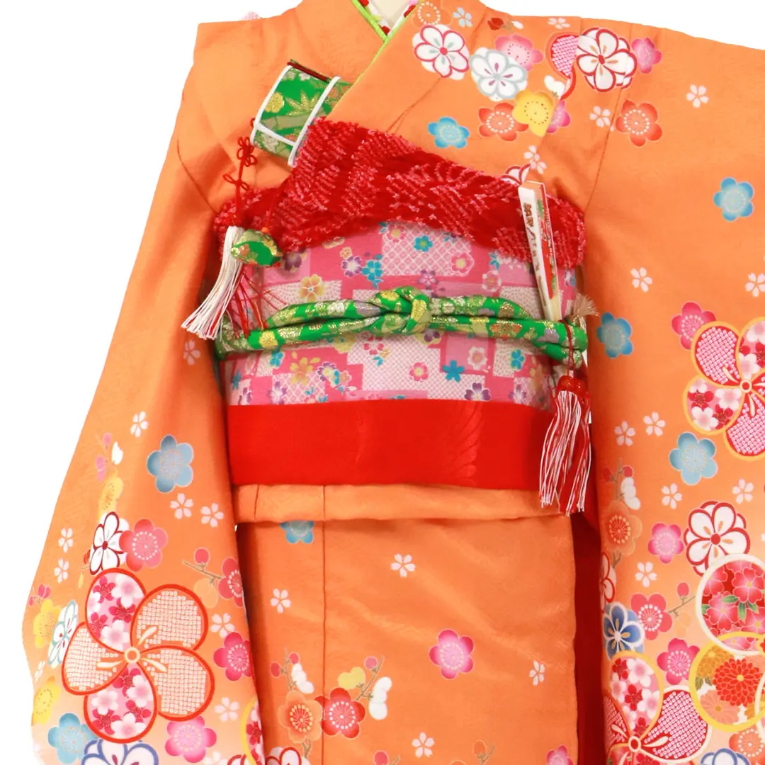 オレンジと朱色地に梅の着物／七五三・七歳女の子 | 宅配着物レンタル