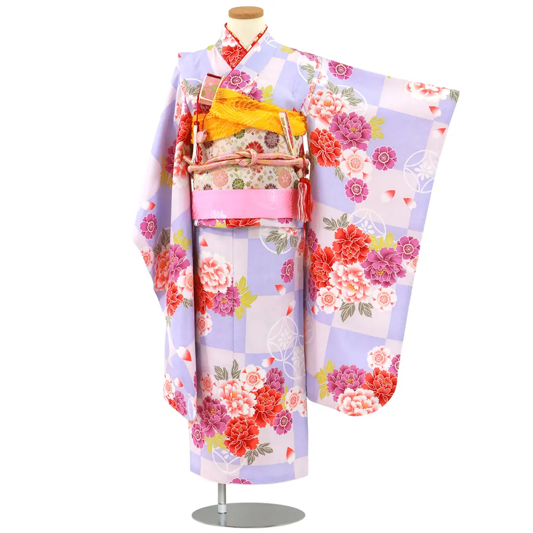 薄紫とピンクの市松に牡丹の着物／七五三・七歳女の子 | 宅配着物