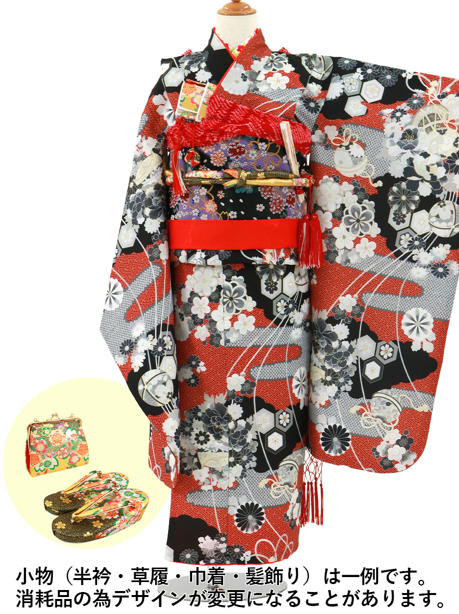 赤地に疋田のエ霞の着物／七五三・七歳女の子 | 宅配着物レンタルの