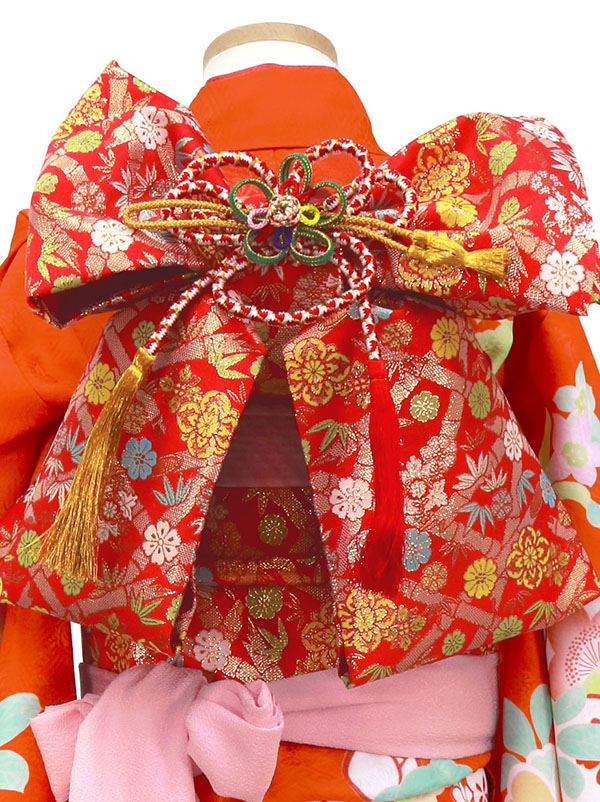 オレンジ地に牡丹づくしの着物（ピンク）／七五三・七歳女の子 | 宅配