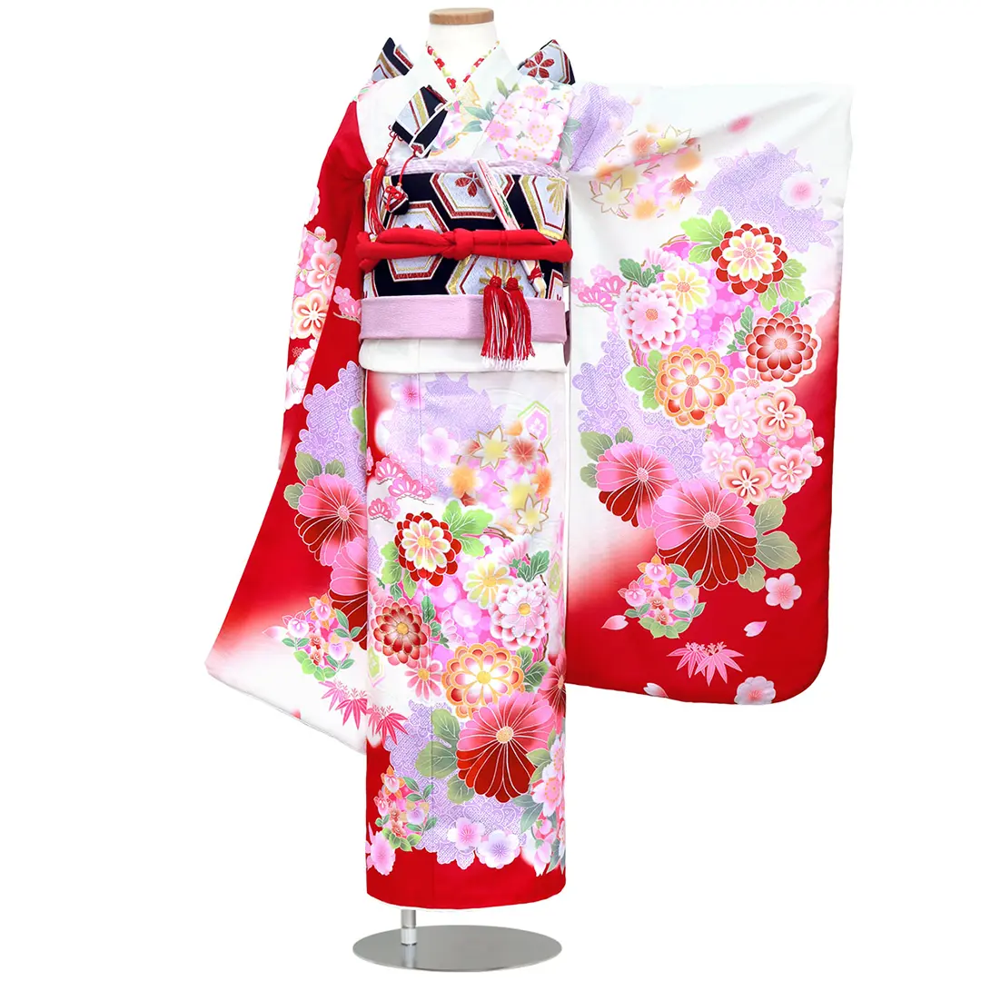 赤と白地に花丸文の着物（黒帯に紫）／七五三・七歳女の子 | 宅配着物