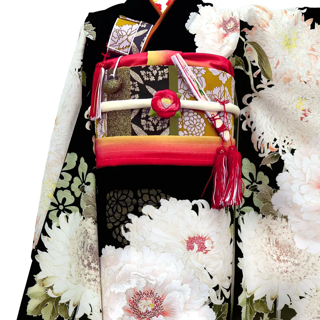 芸艸堂》大輪の牡丹と菊の着物（黒）／七五三・七歳女の子 | 宅配着物