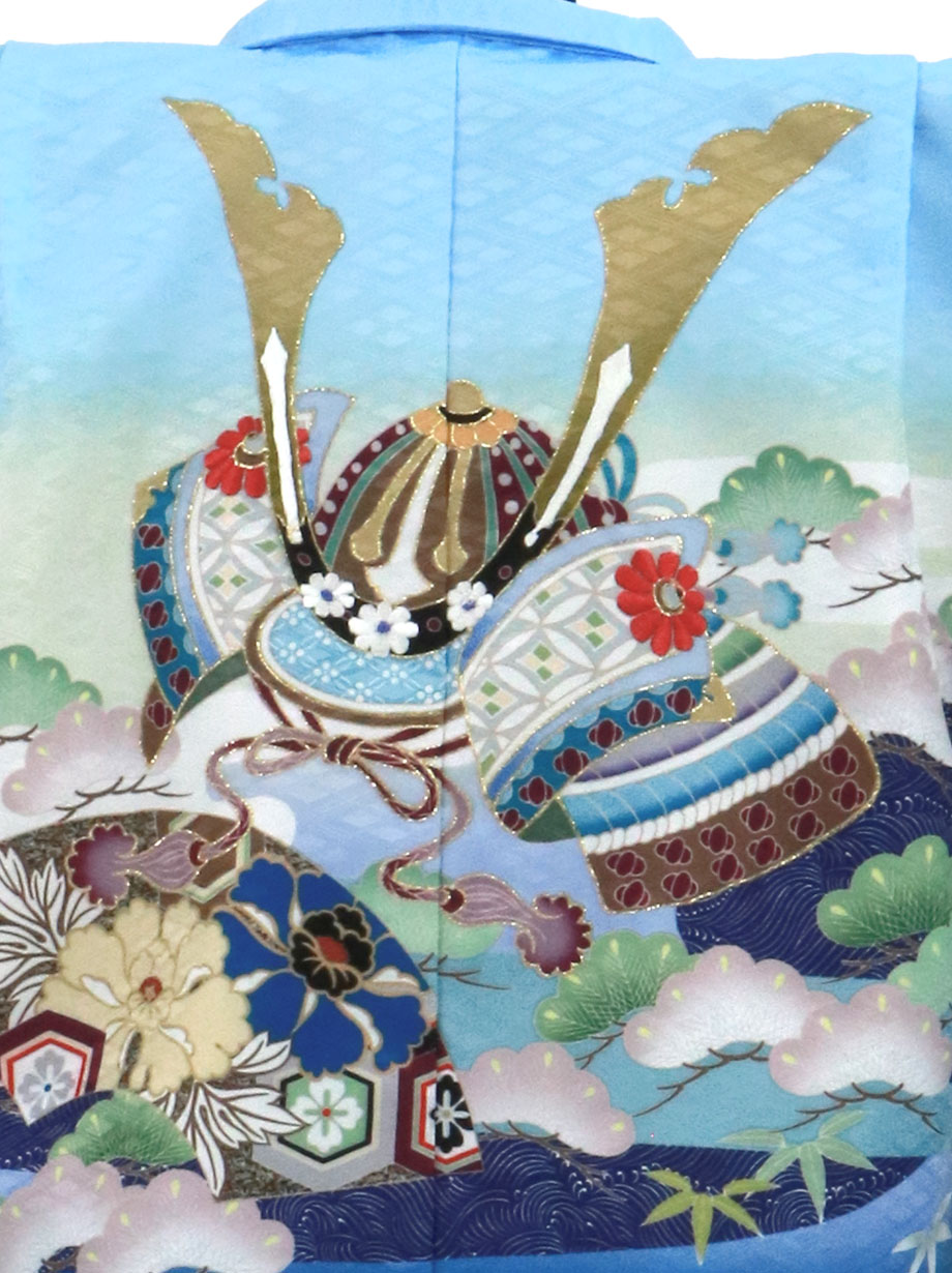 水色地に兜と扇、黒縞の袴／七五三・五歳男の子・袴 | 宅配着物