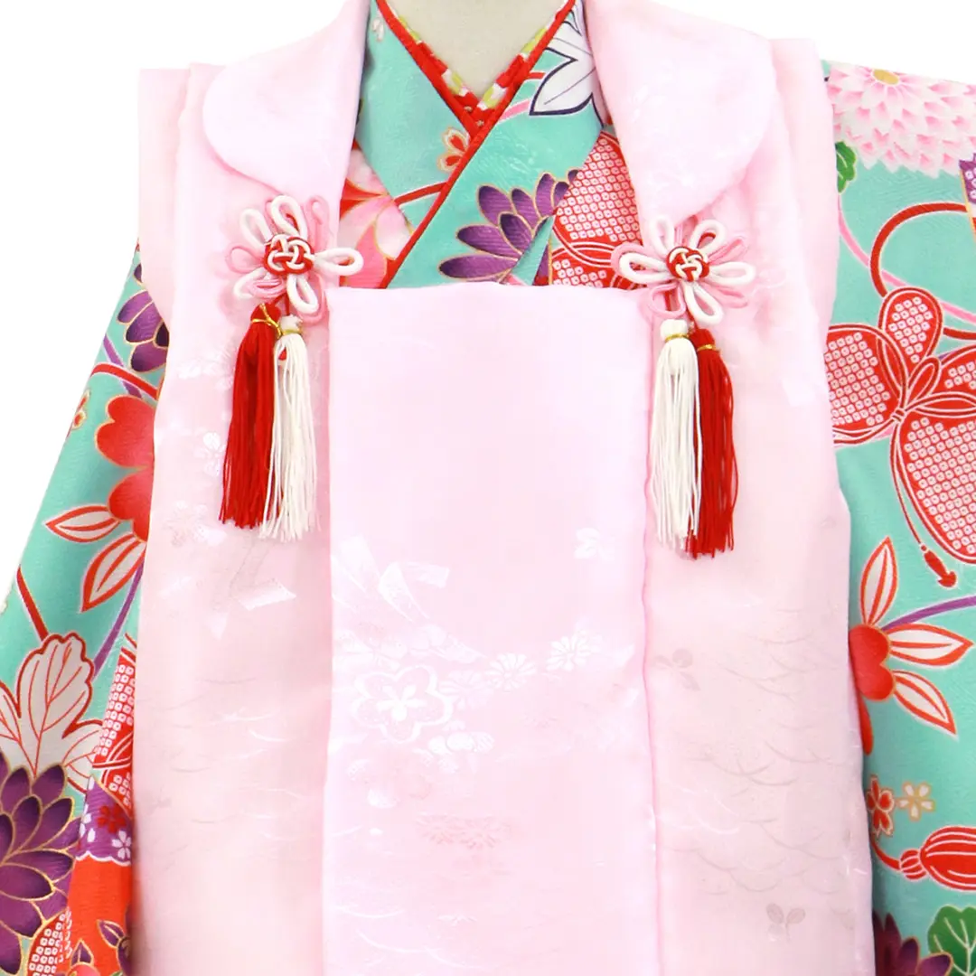 水色地に蝶や扇、ピンクの被布コートセット／七五三・三歳女の子