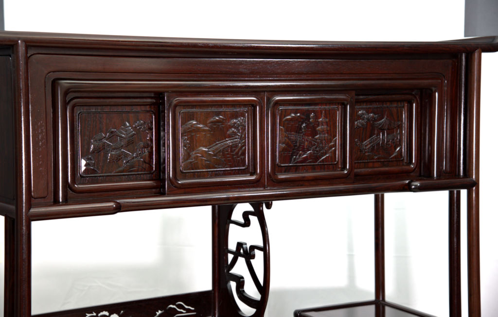 飾り棚: 紫檀 6枚戸彫入り 3.6尺棚 no.8624 (これから仕上品) / 唐木