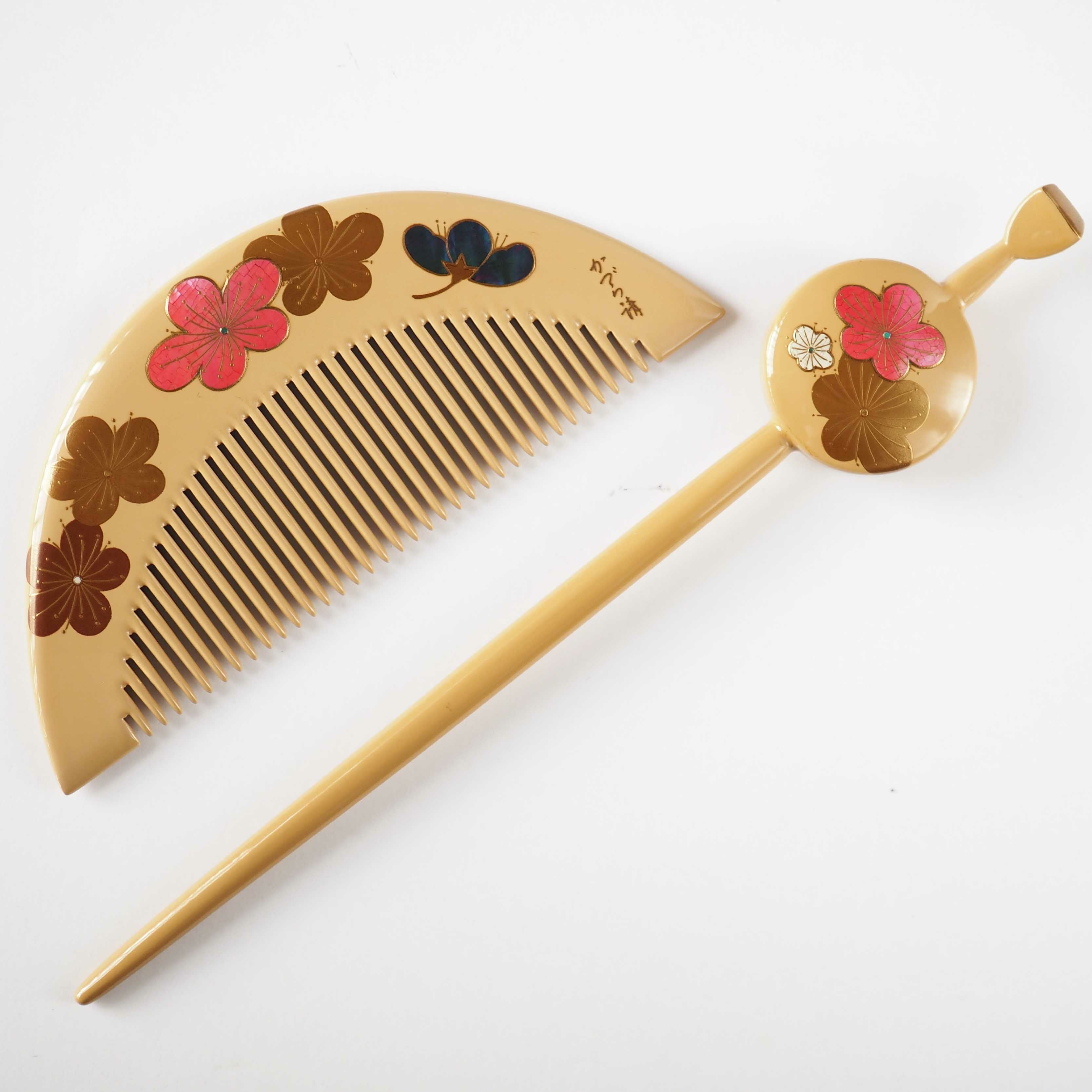 本漆純金蒔絵螺鈿かんざし 櫛・平打ちセット 梅文様（白漆） | かづら