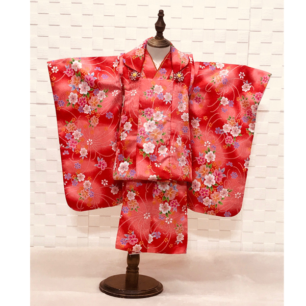 七五三レンタル｜3歳｜赤着物花柄&同柄被布｜ 着物レンタルゆきの