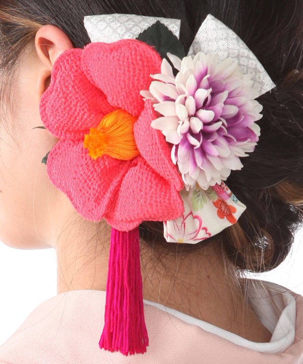 髪飾りレンタル｜レトロピンク椿とつまみ細工｜KZ0002｜宅配着物