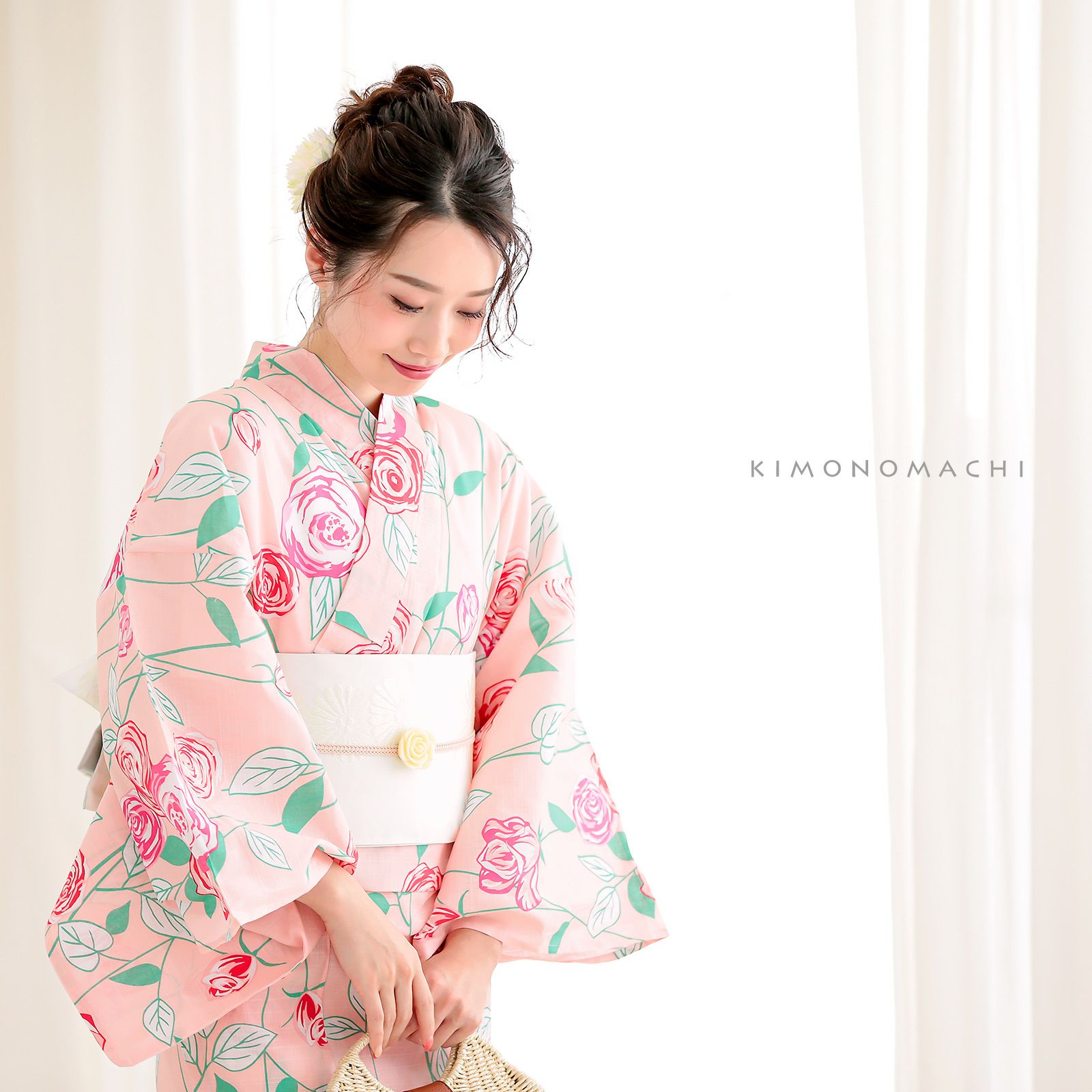 Prices down2】浴衣 レディース 単品 「ピンク 薔薇」 S F TL LL