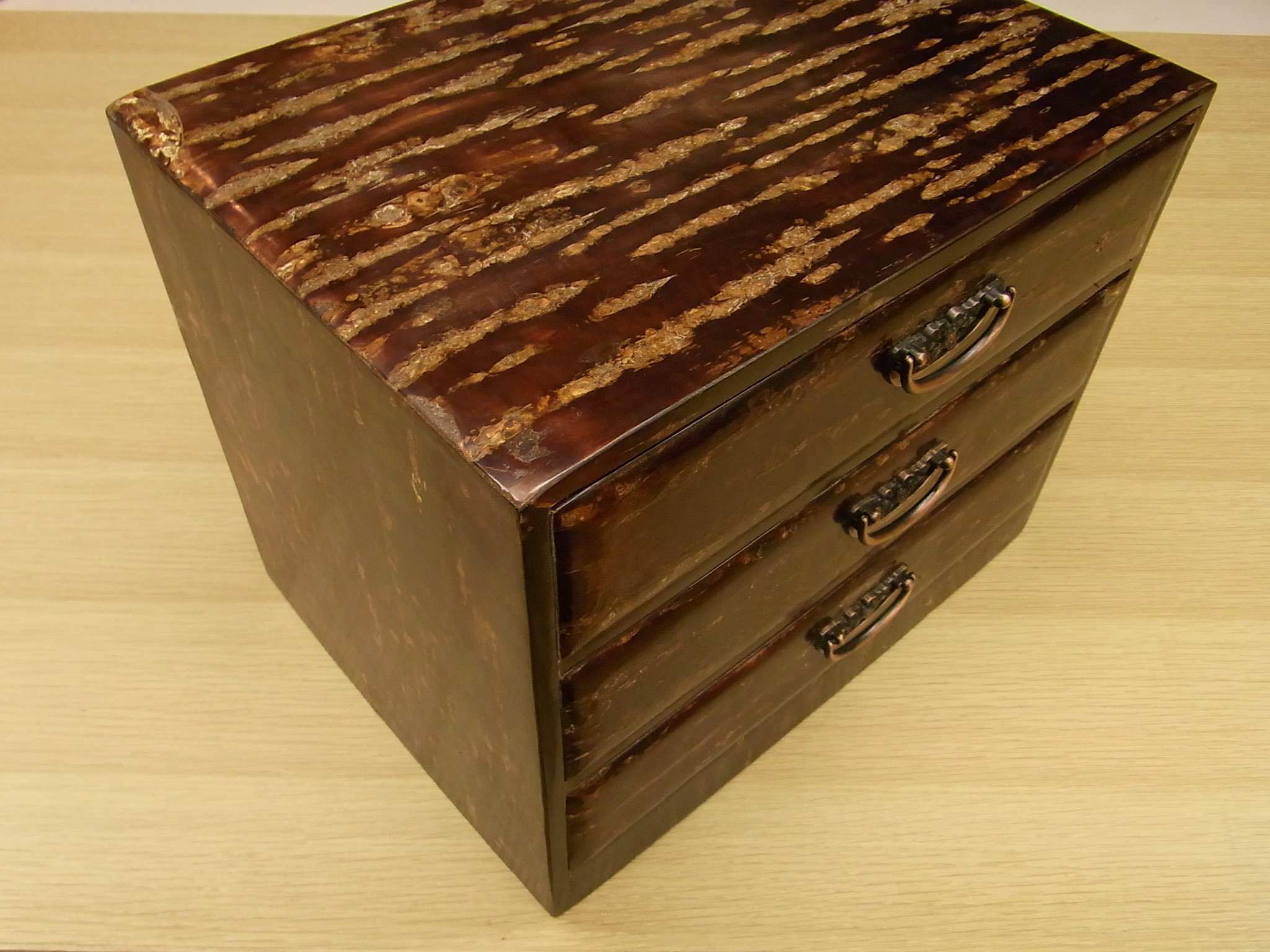 くさ忠 桜皮・貝入れ細工 千両 三段引き出し 小箪笥 伝統工芸品 木製