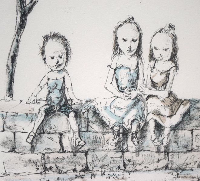 藤田嗣治「塀の上でー子供たちとツバメ」リトグラフ 絵画買取・販売の