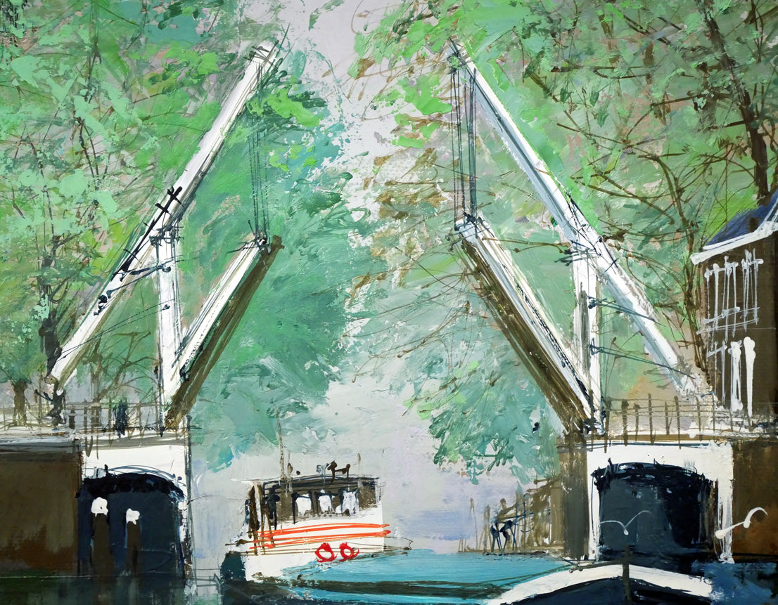 小田切訓「跳橋の開く運河（オランダ・アムステルダム）」油絵・P15号