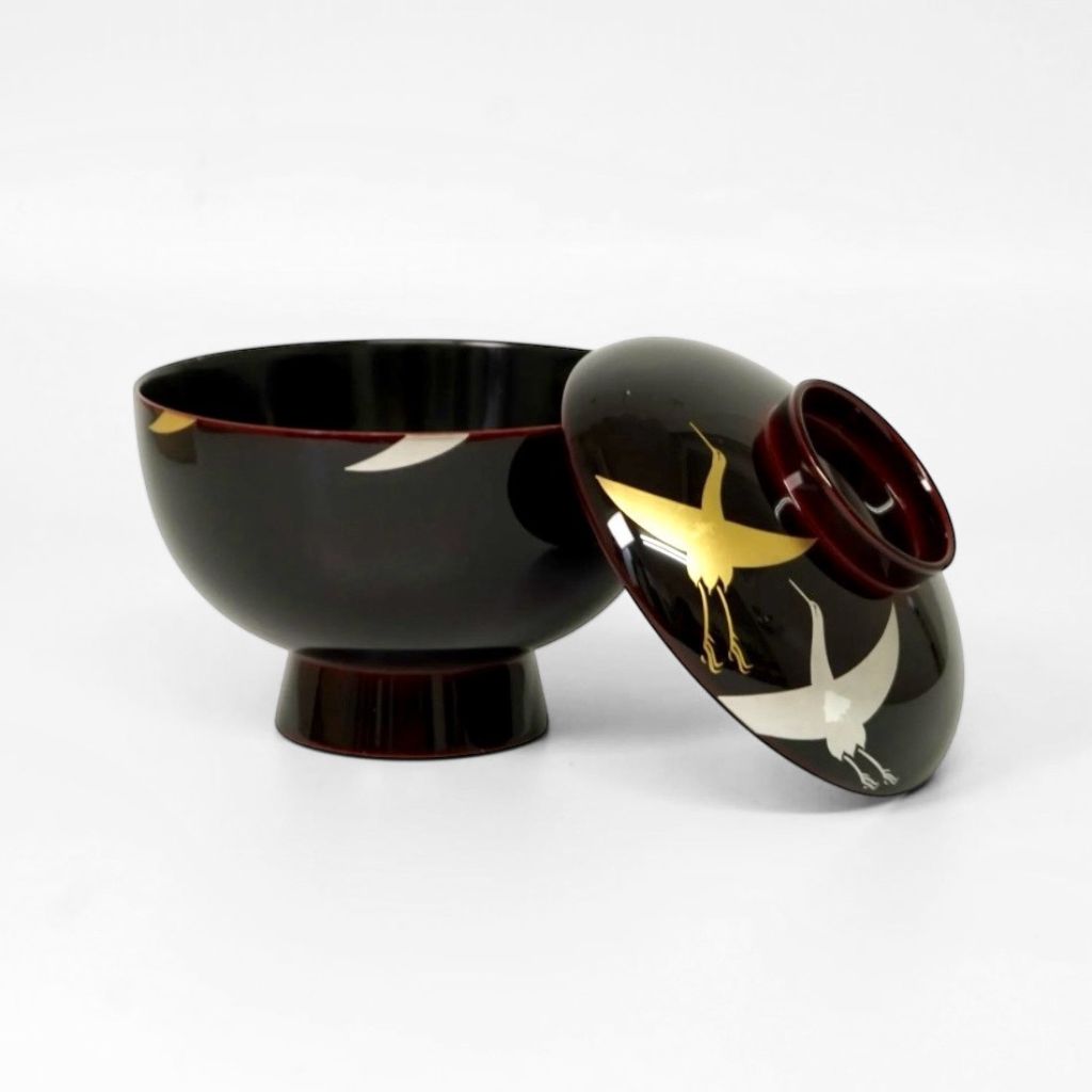 越前 千羽鶴雑煮椀 溜 – 漆器 高翆