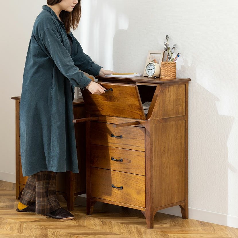 幅60cm 木製 ライティングチェスト アンティーク風 引出し付き 天然木